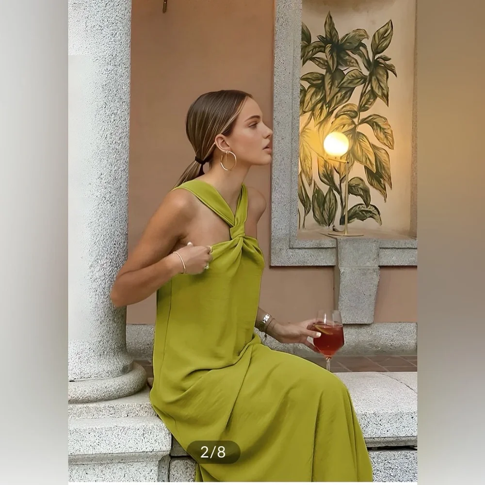 Commense Olive Green Twist-Neck Midi Dress - Picture 2 of 14